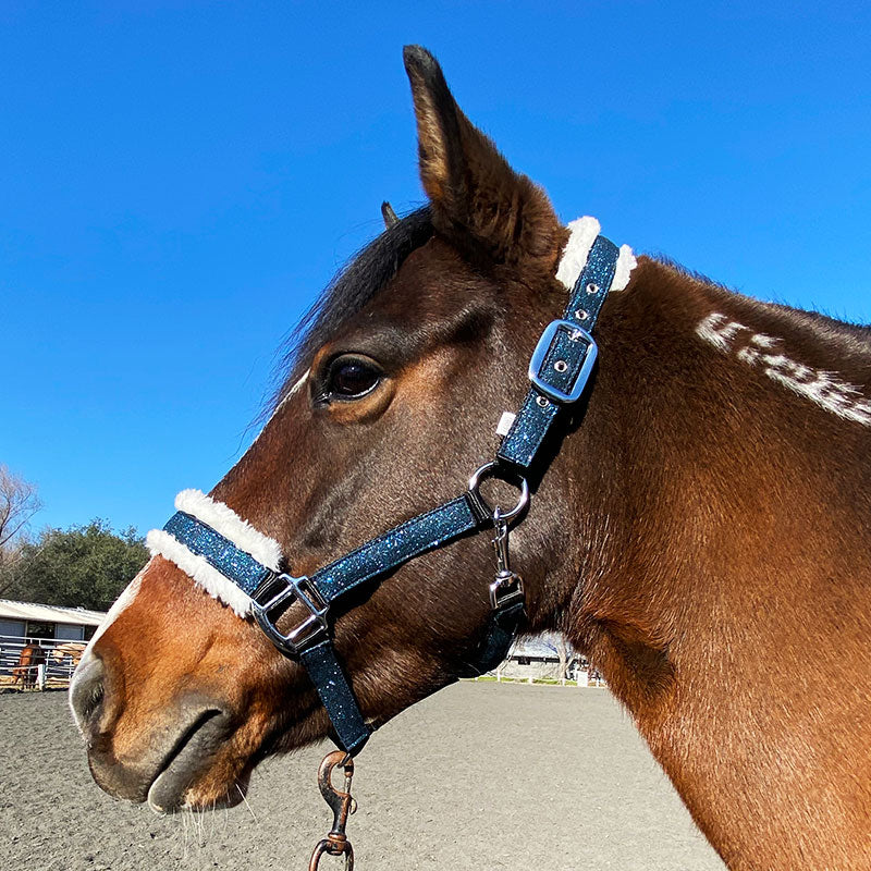 Sparkly Glitter Halter with Vegan Fur Navy Blue