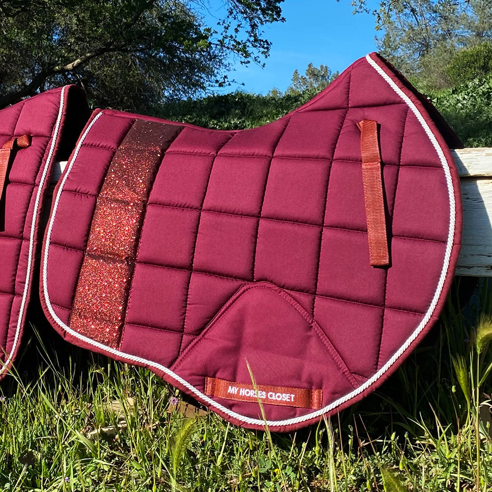 STRIPE Glitter Mesh Sparkly Jumping Saddle Pad Bordeaux Burgundy