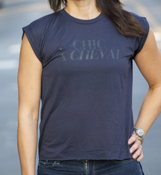 Chic à Cheval T-shirt Women's flowy Rolled Cuffs Navy Blue